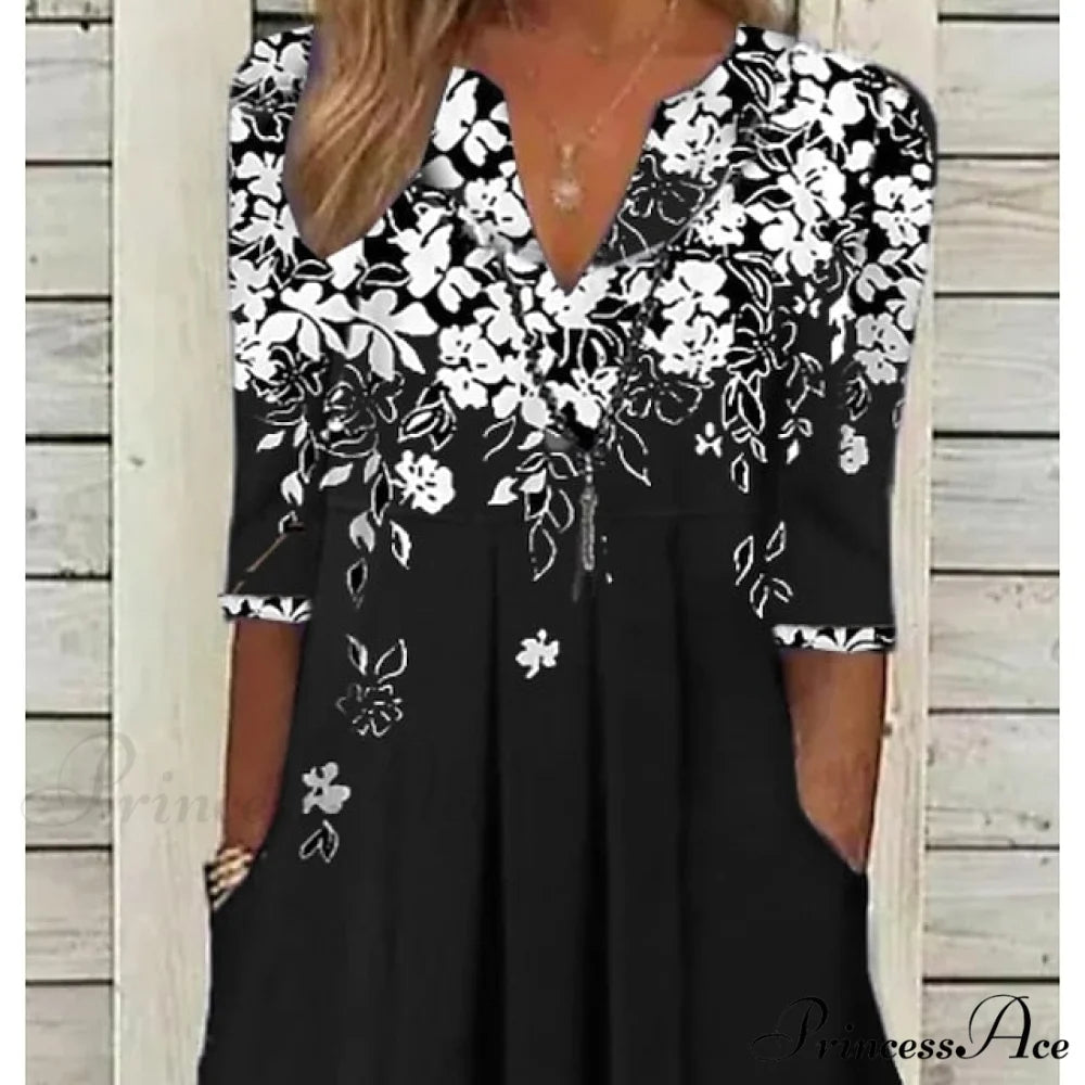 Patchwork Flowered Half Warm-Season 2XL Black Gown Blouse Casual M Shift Fashion Spring Midi L XL Women’s T Neck Crew