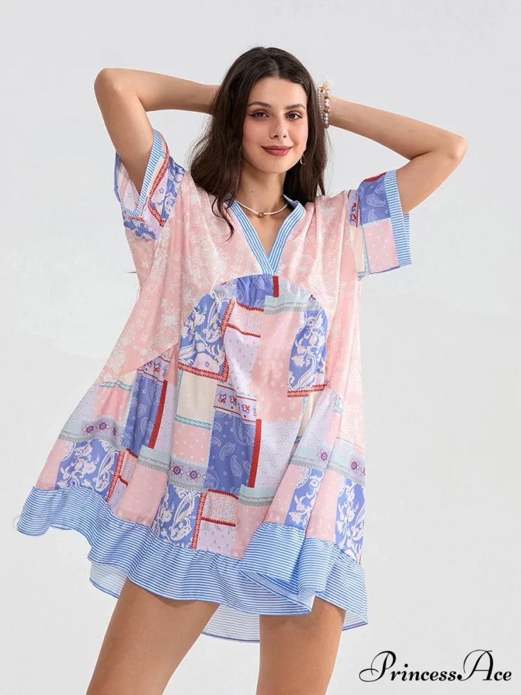 Patchwork Flowy V-neck Loose A-Line Mini Dress floraldress-250126