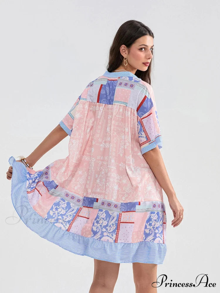 Patchwork Flowy V-neck Loose A-Line Mini Dress floraldress-250126