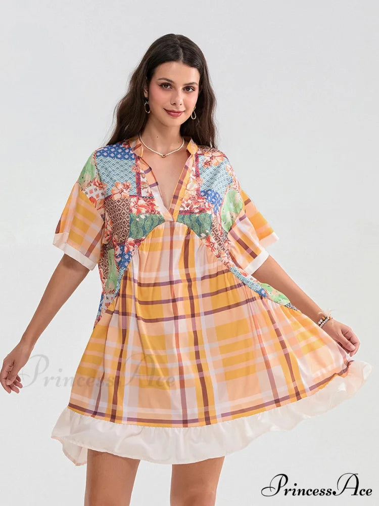 Patchwork Flowy V-neck Loose A-Line Mini Dress floraldress-250126