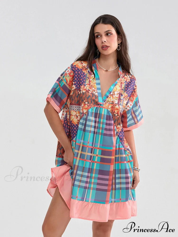 Patchwork Flowy V-neck Loose A-Line Mini Dress Mixed Color / S floraldress-250126