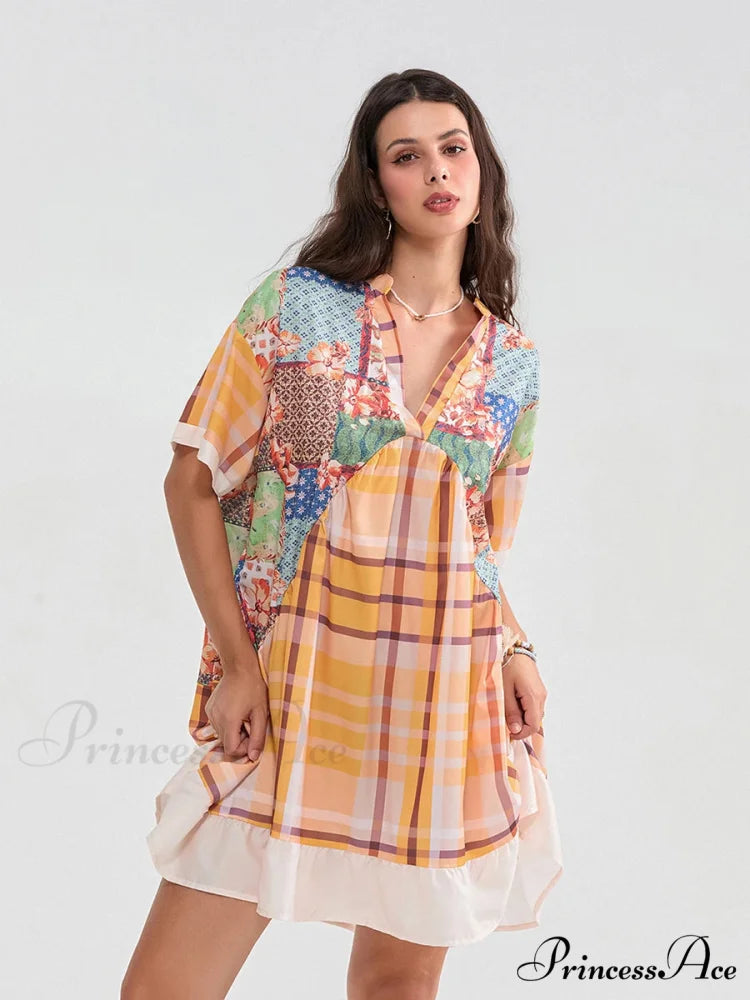 Patchwork Flowy V-neck Loose A-Line Mini Dress Yellow / S floraldress-250126