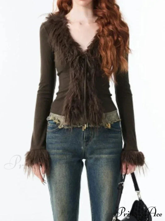 Patchwork Furry V-Neck Cardigan cardigans-241228