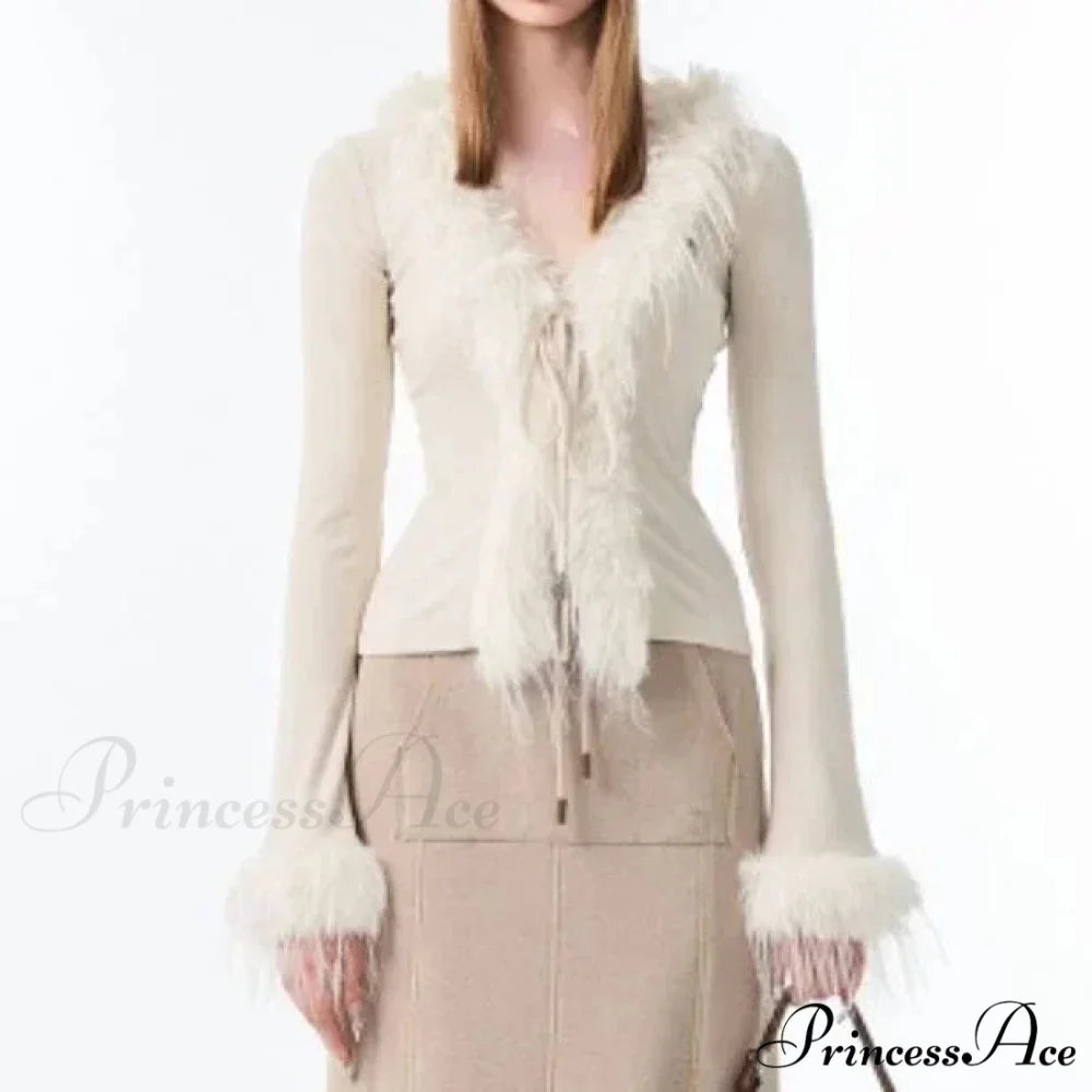 Patchwork Furry V-Neck Cardigan creamy-white / XS cardigans-241228