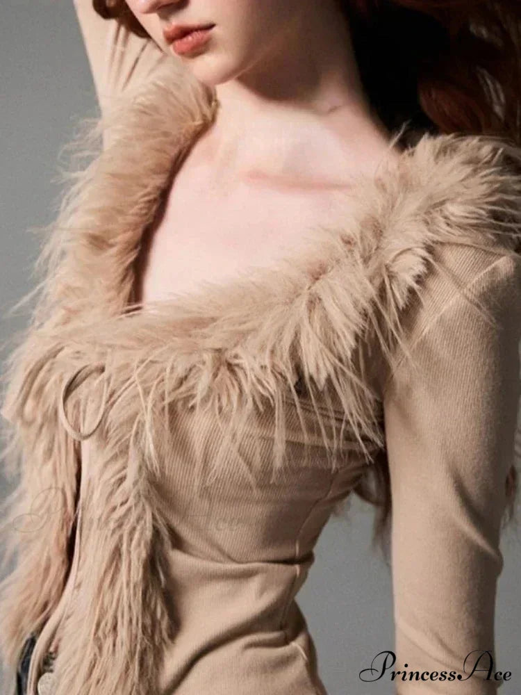 Patchwork Furry V-Neck Cardigan Khaki / XS cardigans-241228