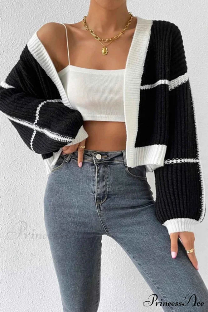 Patchwork Knit Long Sleeve Open-Front Cardigan Black / M