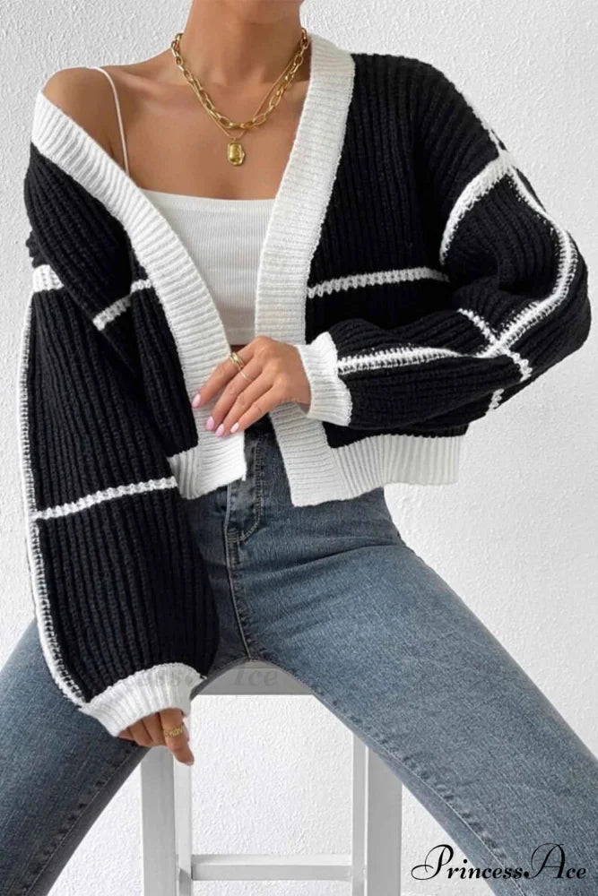 Patchwork Knit Long Sleeve Open-Front Cardigan Black / S