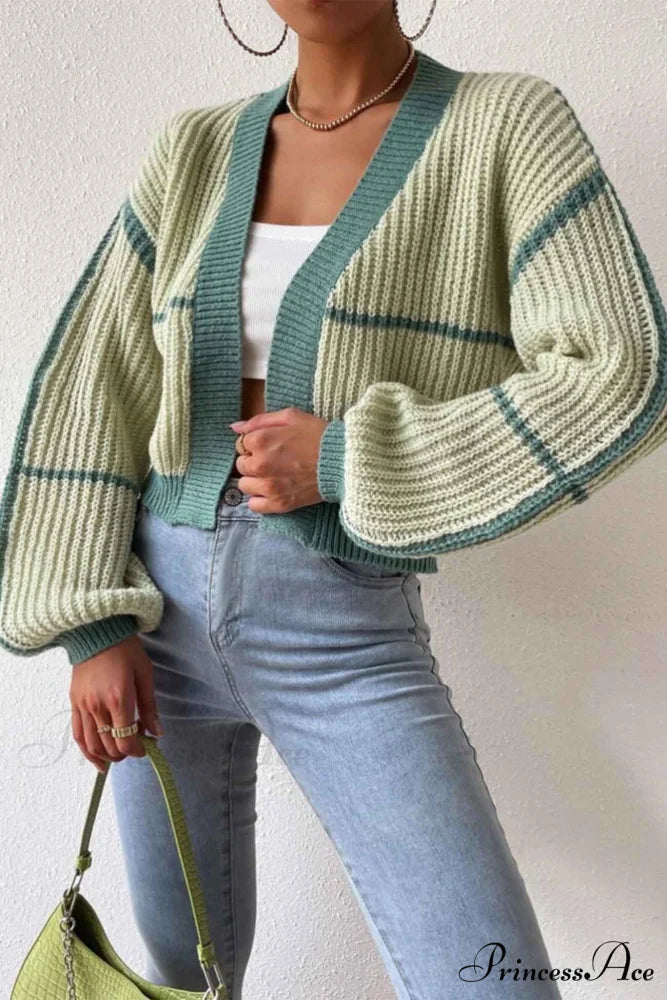Patchwork Knit Long Sleeve Open-Front Cardigan Green / L