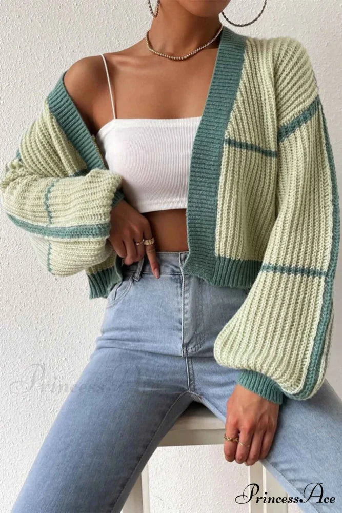 Patchwork Knit Long Sleeve Open-Front Cardigan Green / S