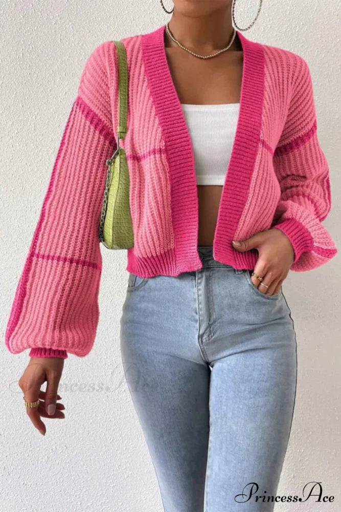 Patchwork Knit Long Sleeve Open-Front Cardigan Pink / L