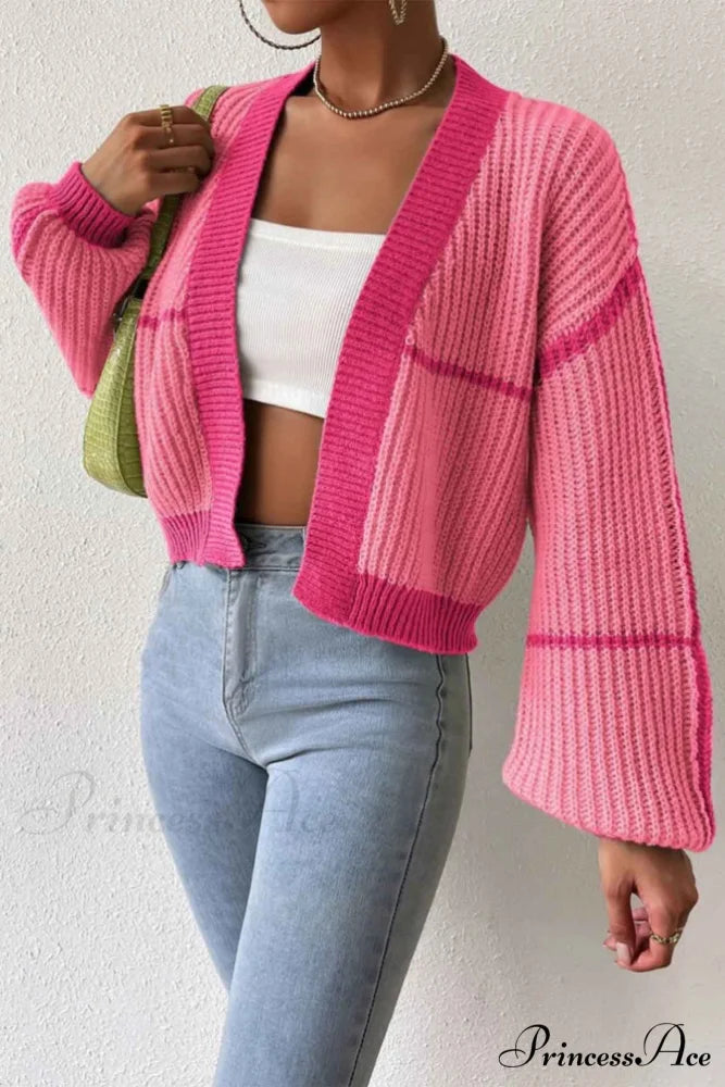 Patchwork Knit Long Sleeve Open-Front Cardigan Pink / M