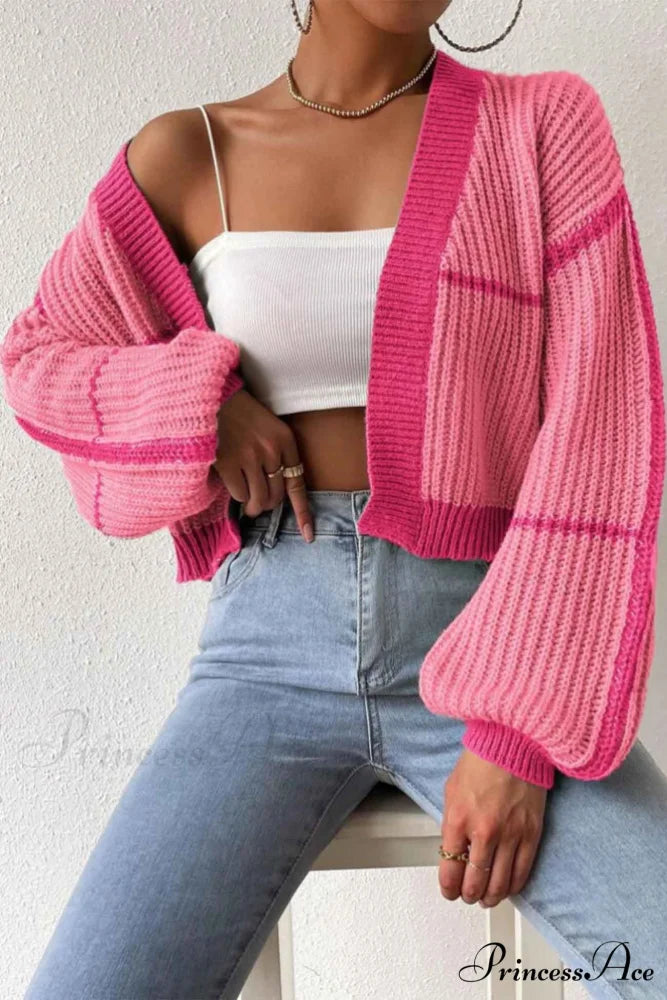 Patchwork Knit Long Sleeve Open-Front Cardigan Pink / S