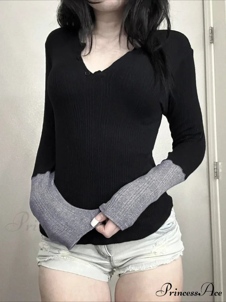 Patchwork Knitted Trim O-Neck Long Sleeve Knit Top Black / S knittop-250126