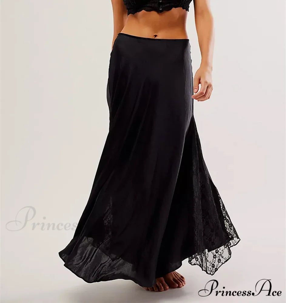 Patchwork Lace Midi Low Waist Summer Skirt black / S