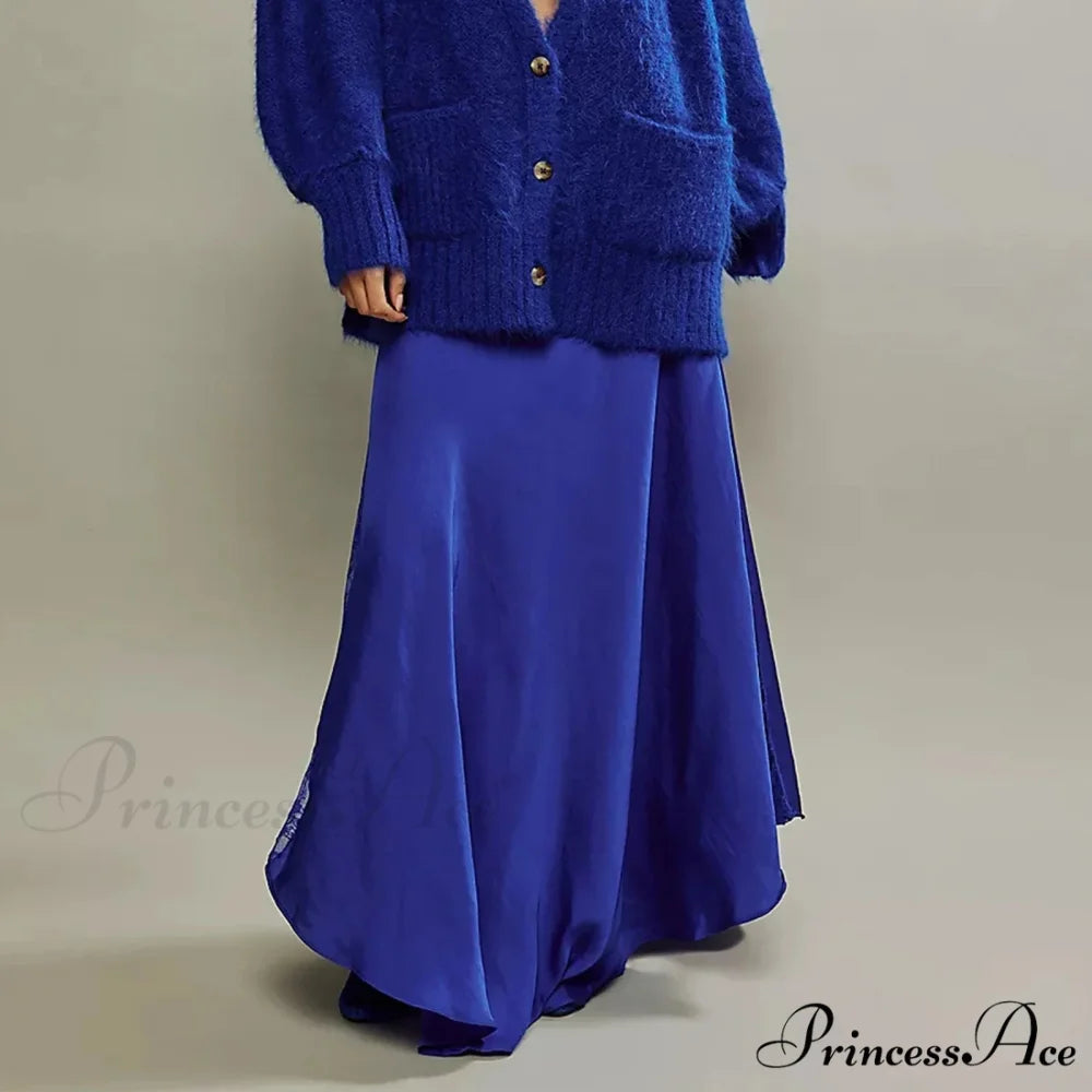 Patchwork Lace Midi Low Waist Summer Skirt blue / S