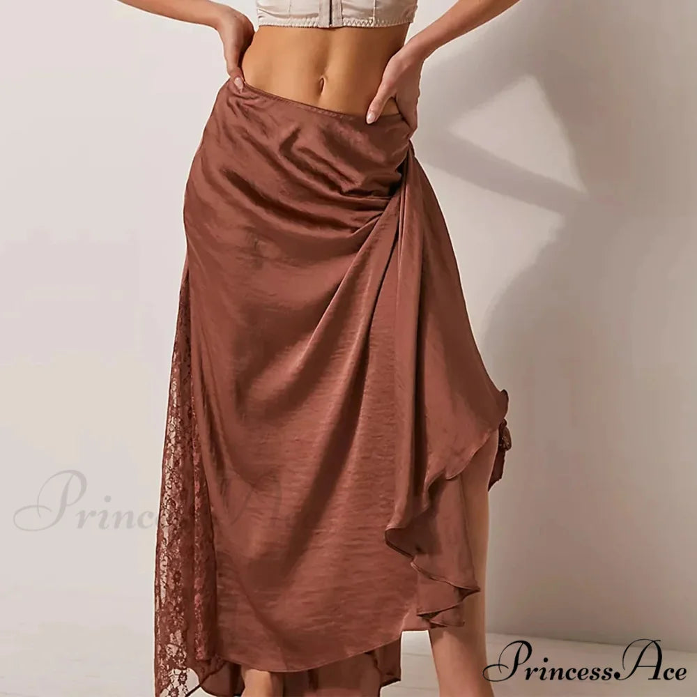 Patchwork Lace Midi Low Waist Summer Skirt brown / S