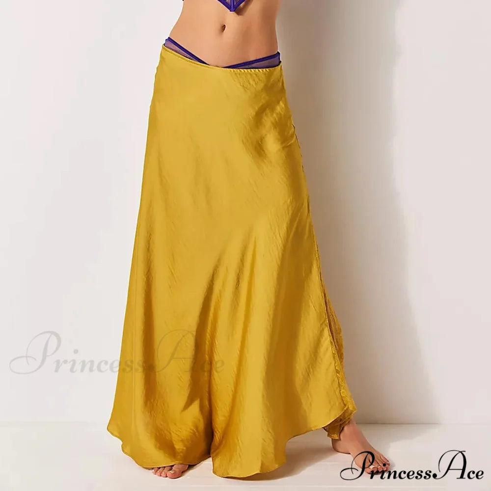 Patchwork Lace Midi Low Waist Summer Skirt yellow / S