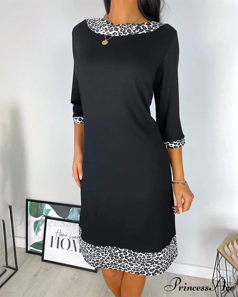 Patchwork Leopard Knee Length Dress Black / S