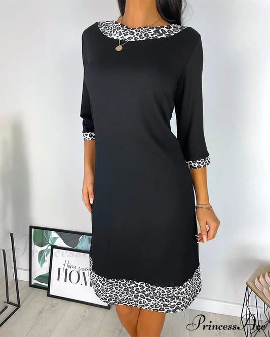 Patchwork Leopard Knee Length Dress Black / S