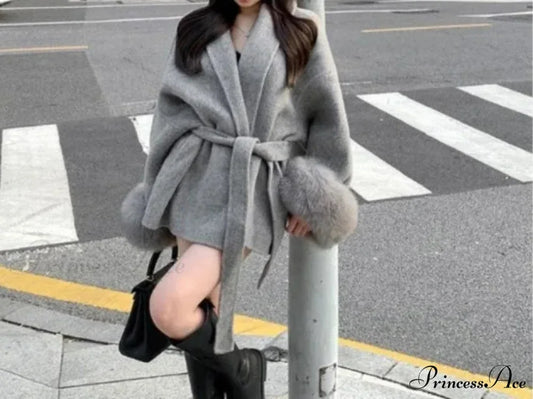 Patchwork Long Sleeve Bandage Overcoat gray / S overcoats-241228