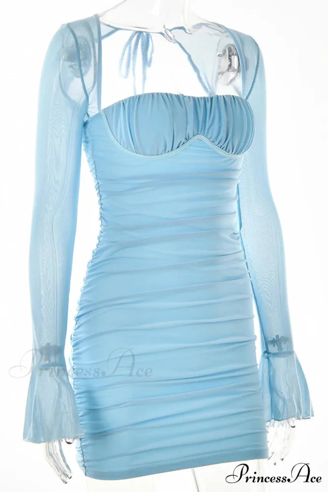 Patchwork Long Sleeve Mini Dress Blue / L