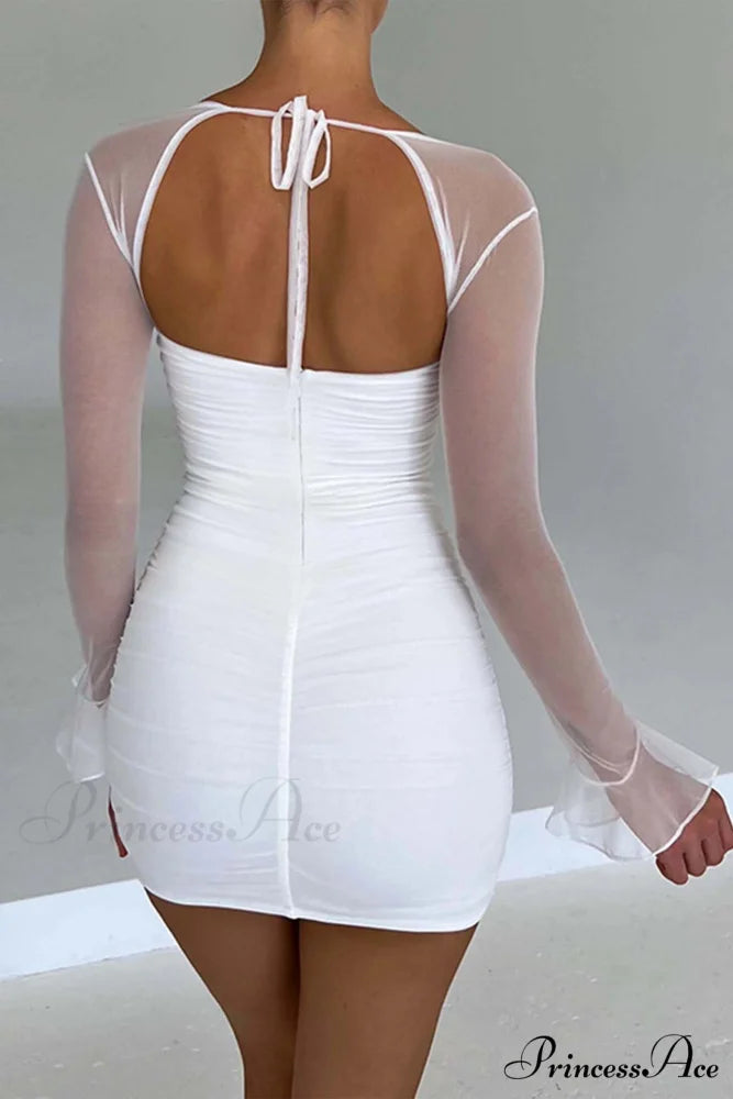 Patchwork Long Sleeve Mini Dress White / L