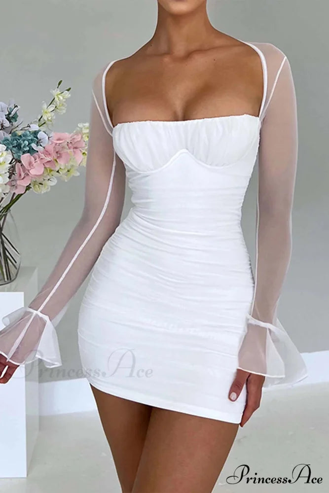 Patchwork Long Sleeve Mini Dress White / S