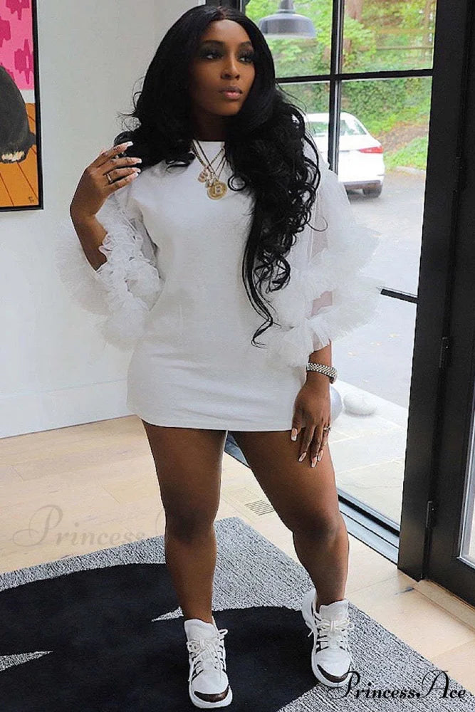 Patchwork Mesh Sleeve T-shirt Dress White / S