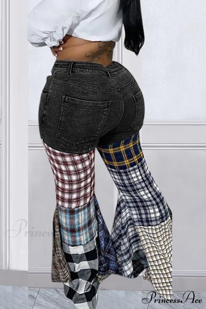 Patchwork Mid-waisted Flares Jeans Black / XL