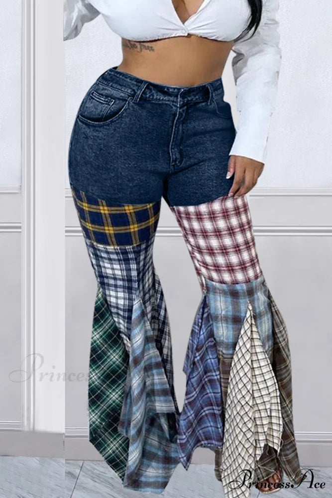 Patchwork Mid-waisted Flares Jeans Dark Blue / S