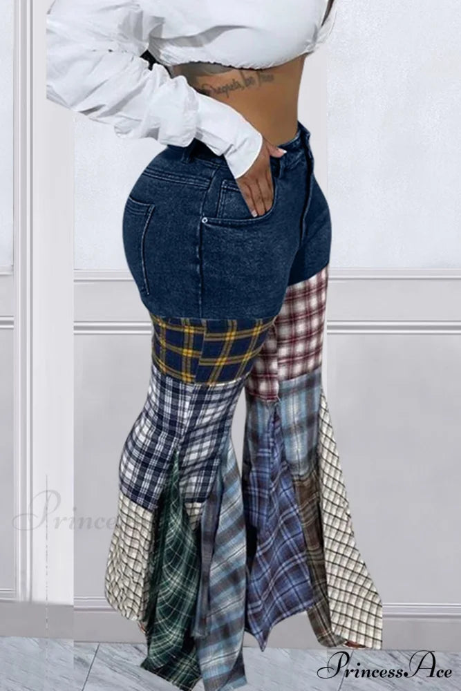 Patchwork Mid-waisted Flares Jeans Dark Blue / XL