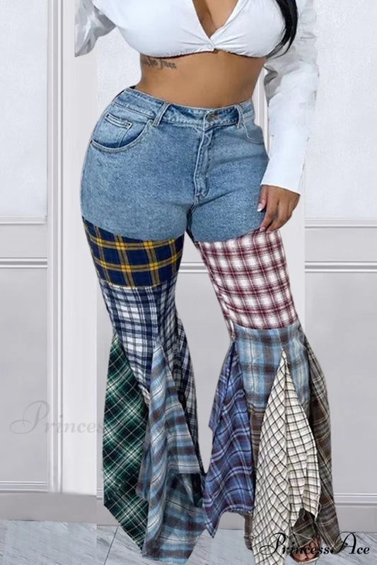 Patchwork Mid-waisted Flares Jeans Light Blue / S