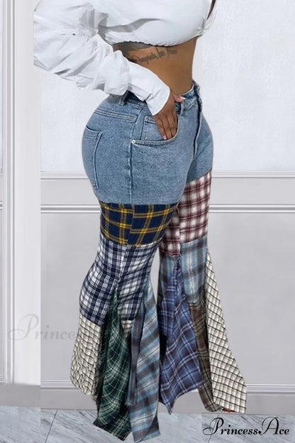 Patchwork Mid-waisted Flares Jeans Light Blue / XL
