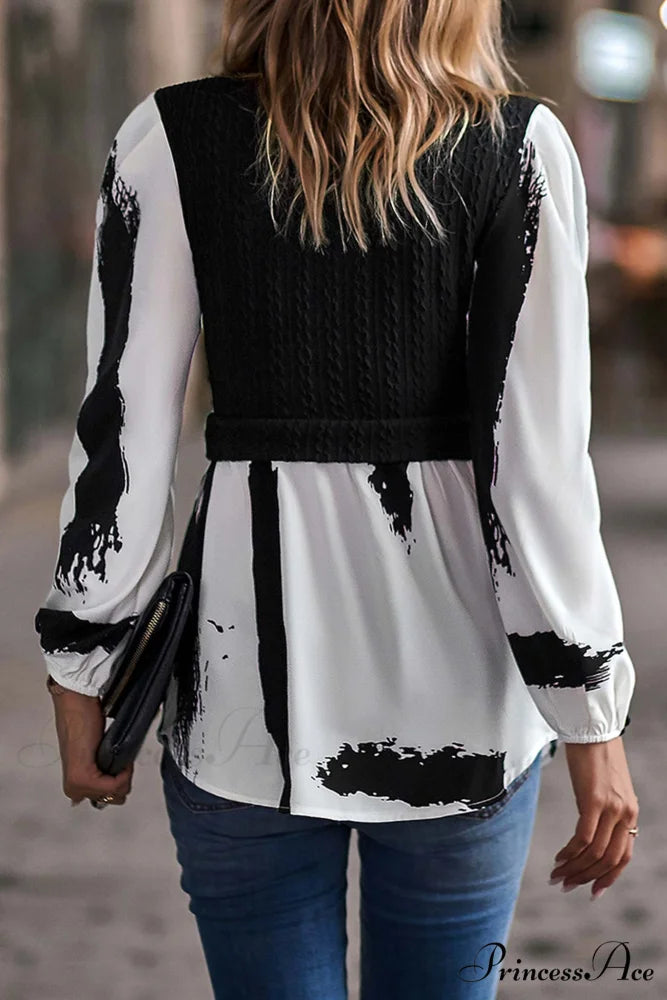 Patchwork Mock Neck Knit Shirt Tops Black / XL