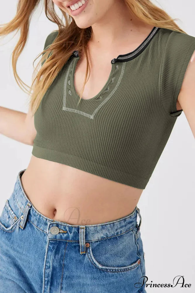 Patchwork Neck U Solid T-Shirt Army Green / S