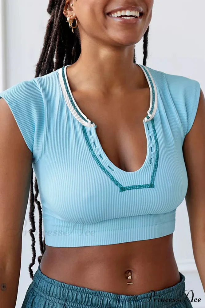 Patchwork Neck U Solid T-Shirt Light Blue / S