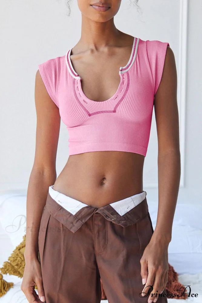 Patchwork Neck U Solid T-Shirt Pink / S