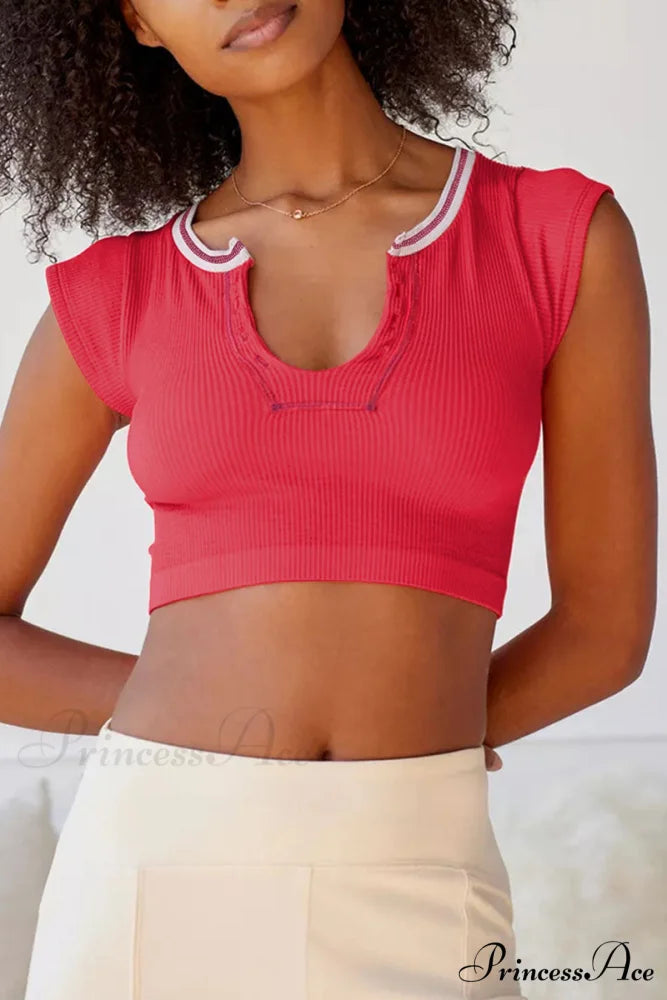 Patchwork Neck U Solid T-Shirt Red / S