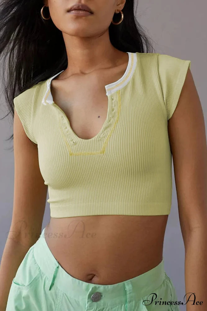 Patchwork Neck U Solid T-Shirt Yellow / S