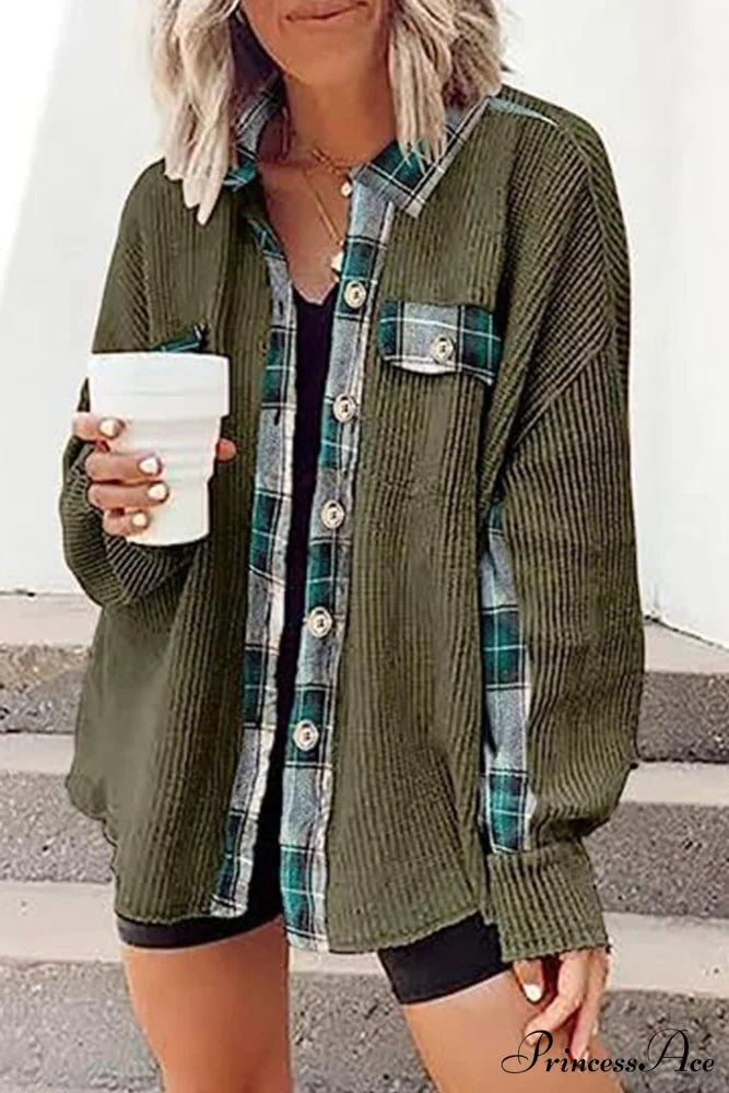 Patchwork Plaid Blouse with Irregular Hem Army Green / S