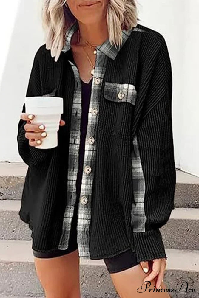 Patchwork Plaid Blouse with Irregular Hem Black / XL