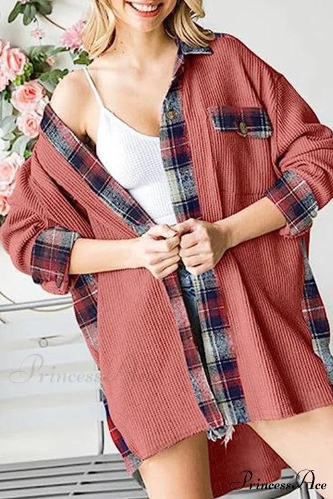 Patchwork Plaid Blouse with Irregular Hem Brick Red / S