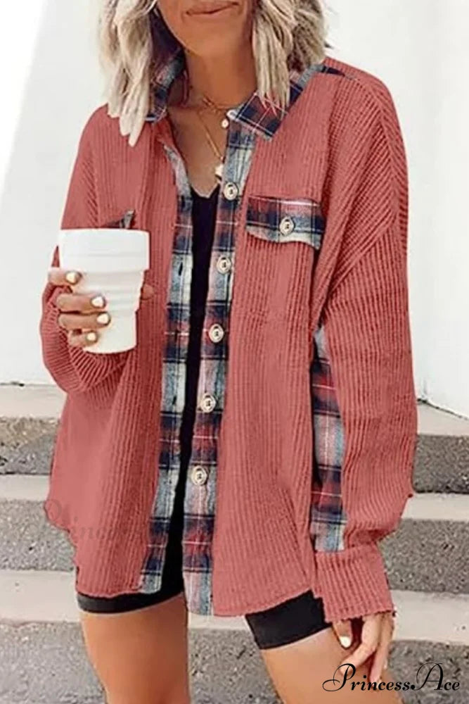 Patchwork Plaid Blouse with Irregular Hem Brick Red / XL