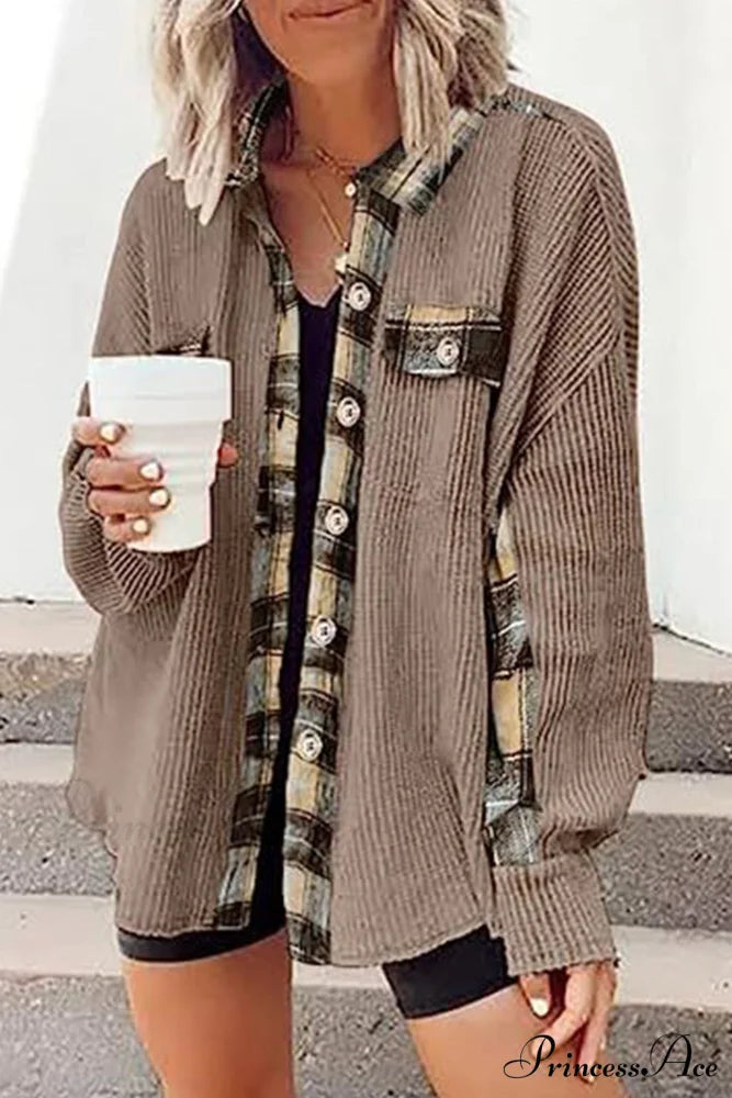 Patchwork Plaid Blouse with Irregular Hem Camel / S