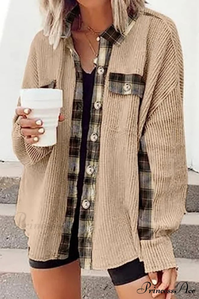 Patchwork Plaid Blouse with Irregular Hem Khaki / 2XL