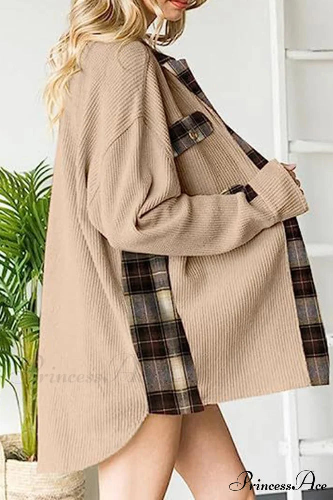 Patchwork Plaid Blouse with Irregular Hem Khaki / L
