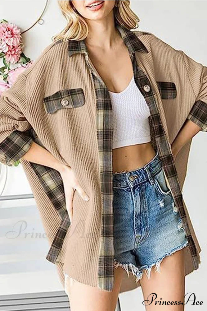 Patchwork Plaid Blouse with Irregular Hem Khaki / S