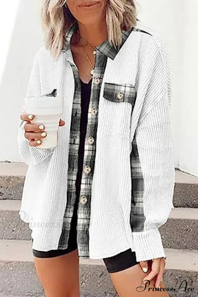 Patchwork Plaid Blouse with Irregular Hem White / S