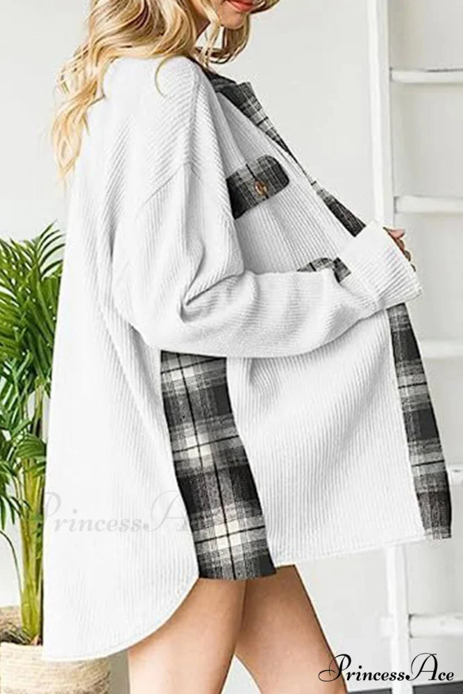 Patchwork Plaid Blouse with Irregular Hem White / XL