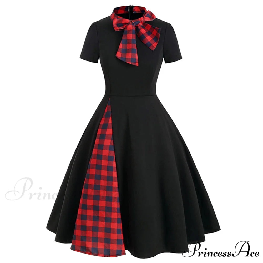 Patchwork Plaid Print Bow Collar Vintage Casual Vestidos Black / S